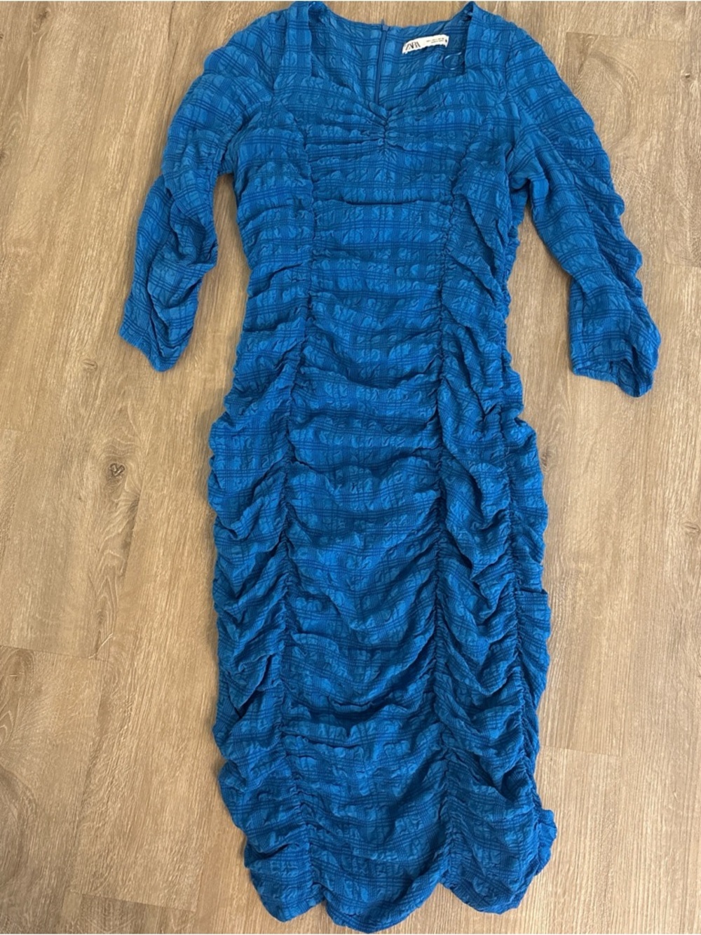 Zara Electric Blue Ruched Midi Dress